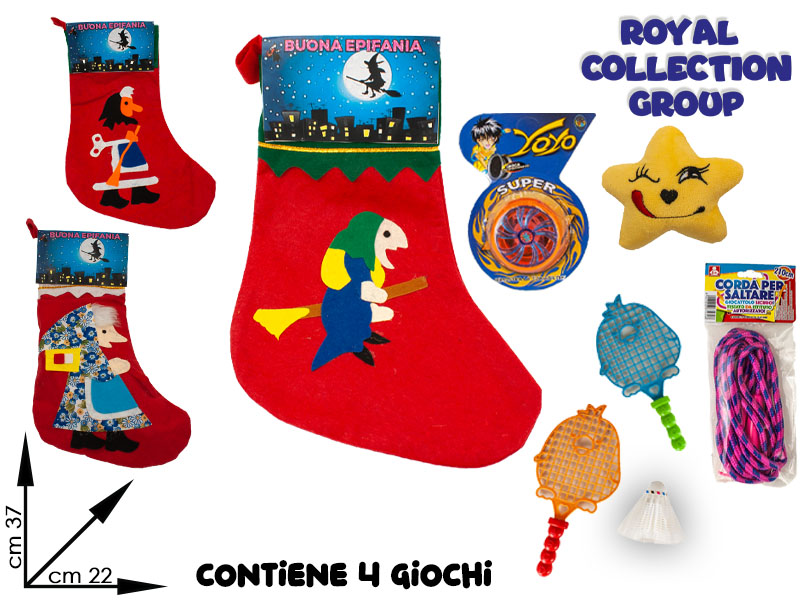K2040003 Calza Befana Ass In Tessuto C/4 Giochi Cm 37x22