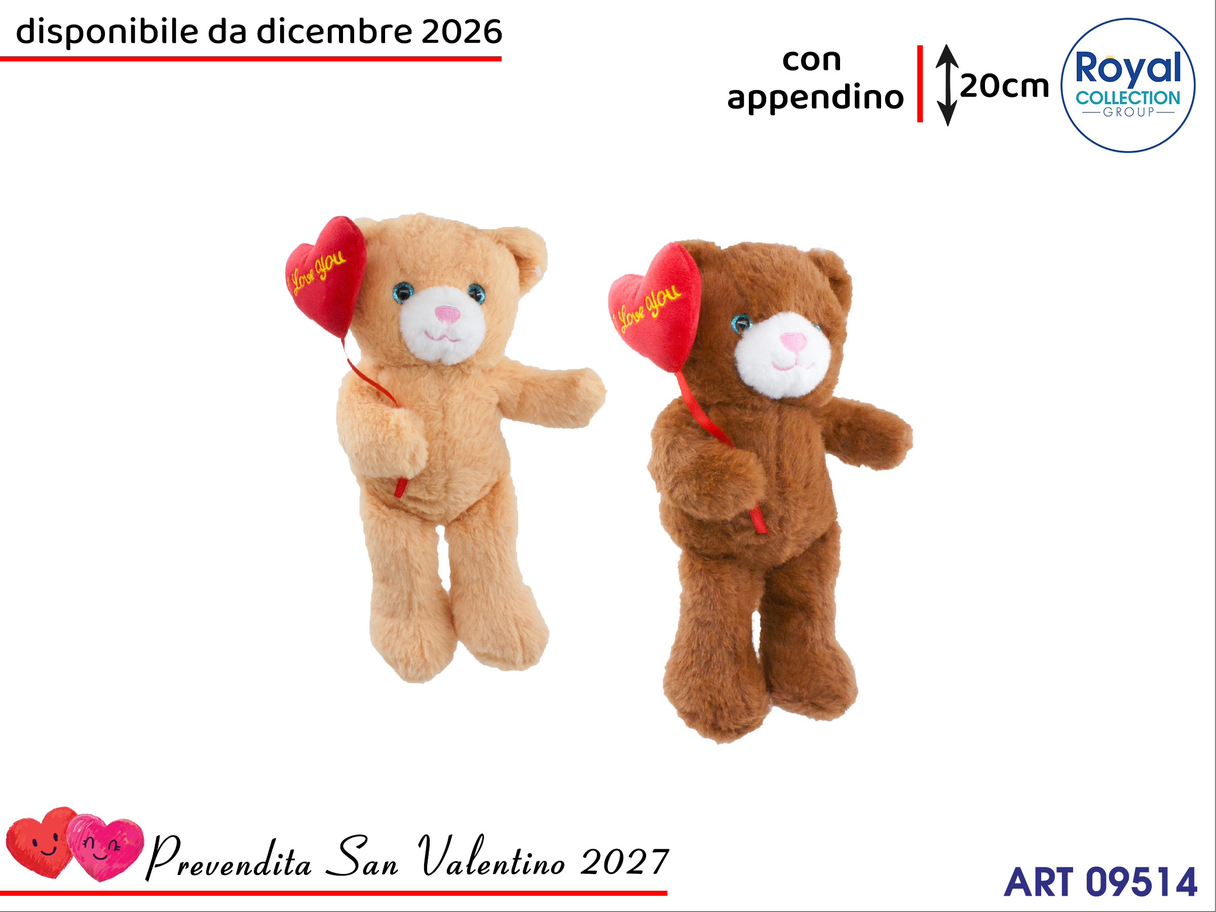 Pl3052 1 Orso Peluche Cuore Palloncino Ass Cm 20