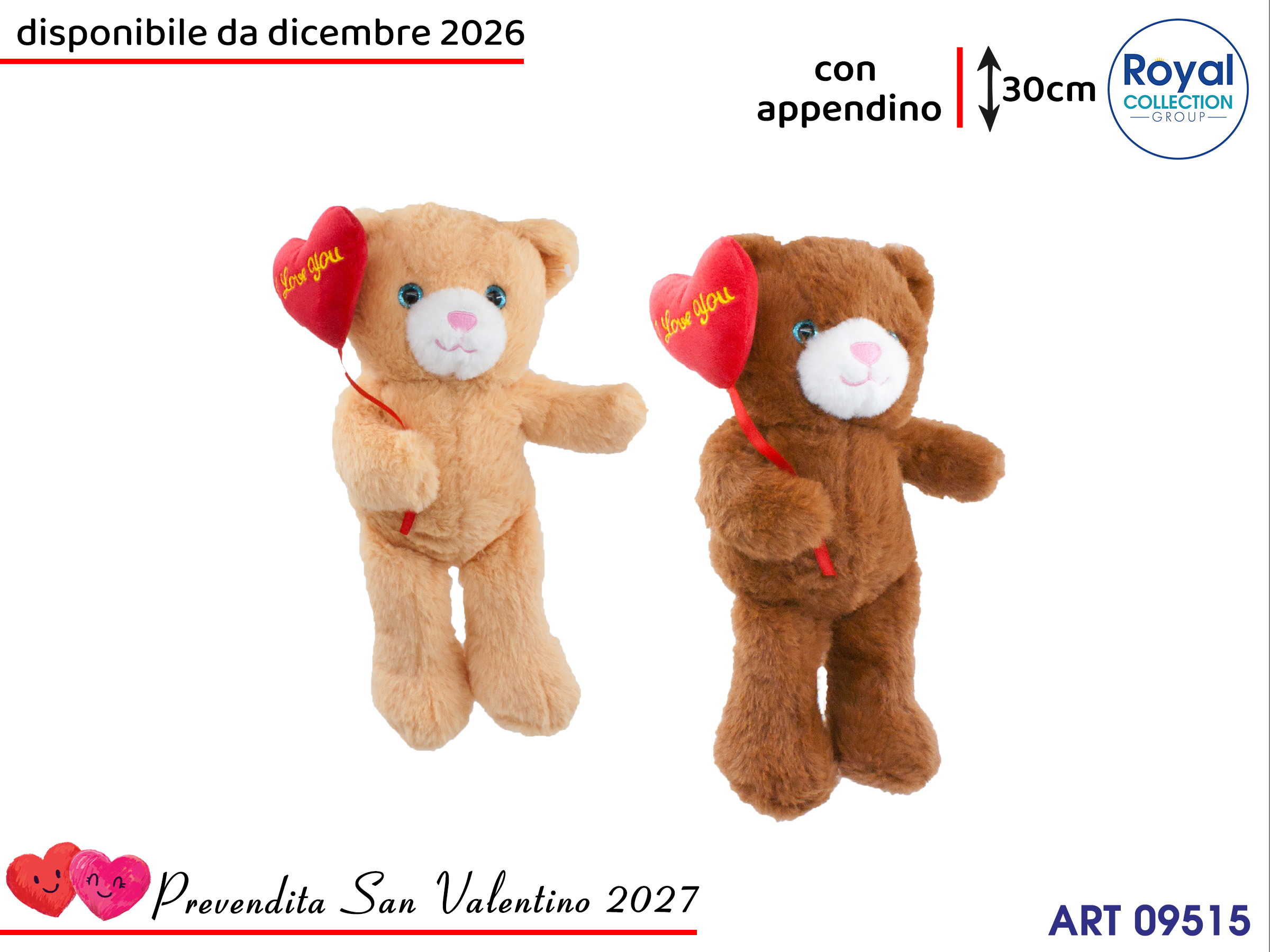 Pl3052 2 Orso Peluche Cuore Palloncino Ass Cm 30