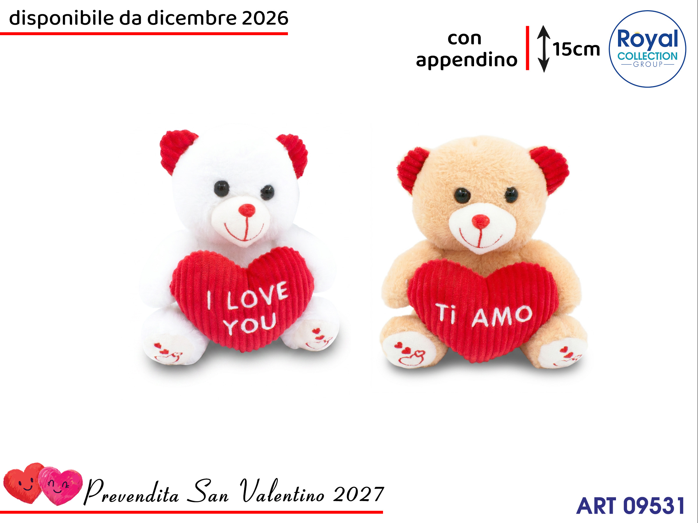 Pl3059 1 Orso Peluche Cuore Ti Amo 2 Ass Cm 15